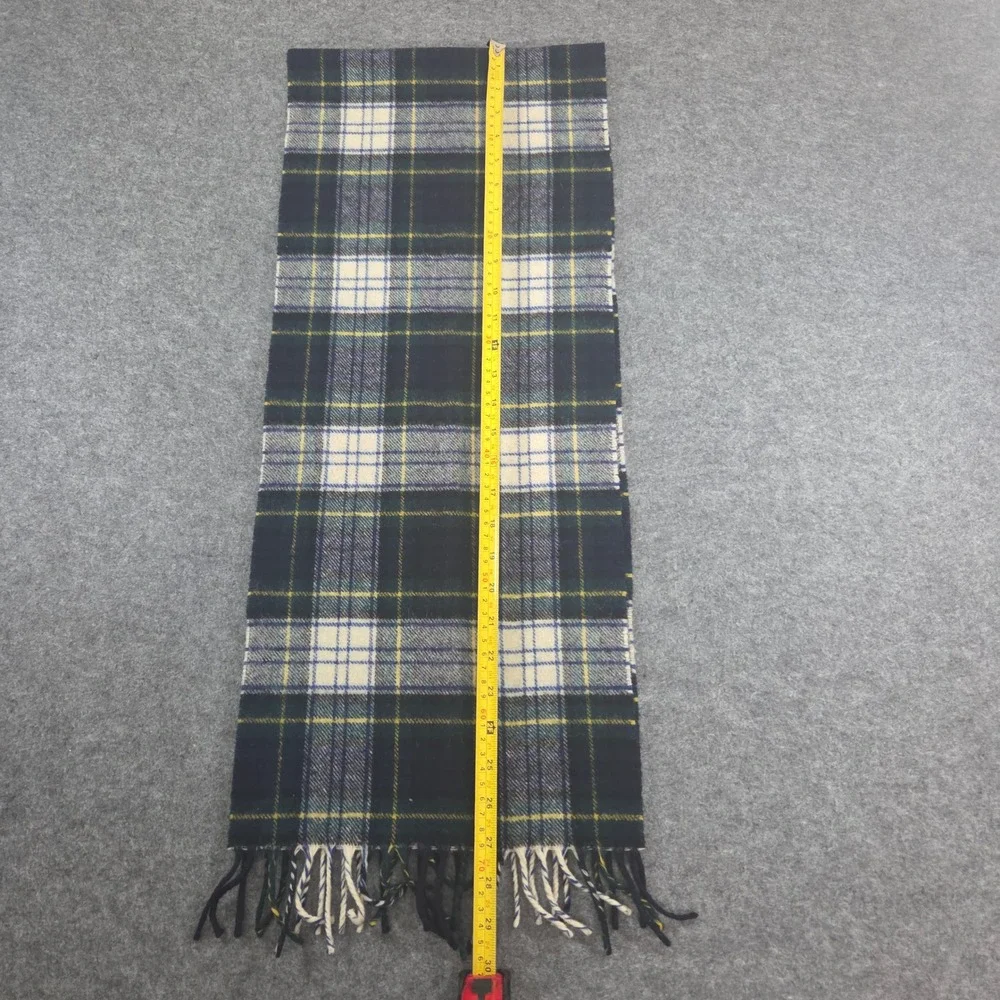 Gordon Dress Tartan Plaid Scarf Navy Green White Yellow Fringe 56 x 12
